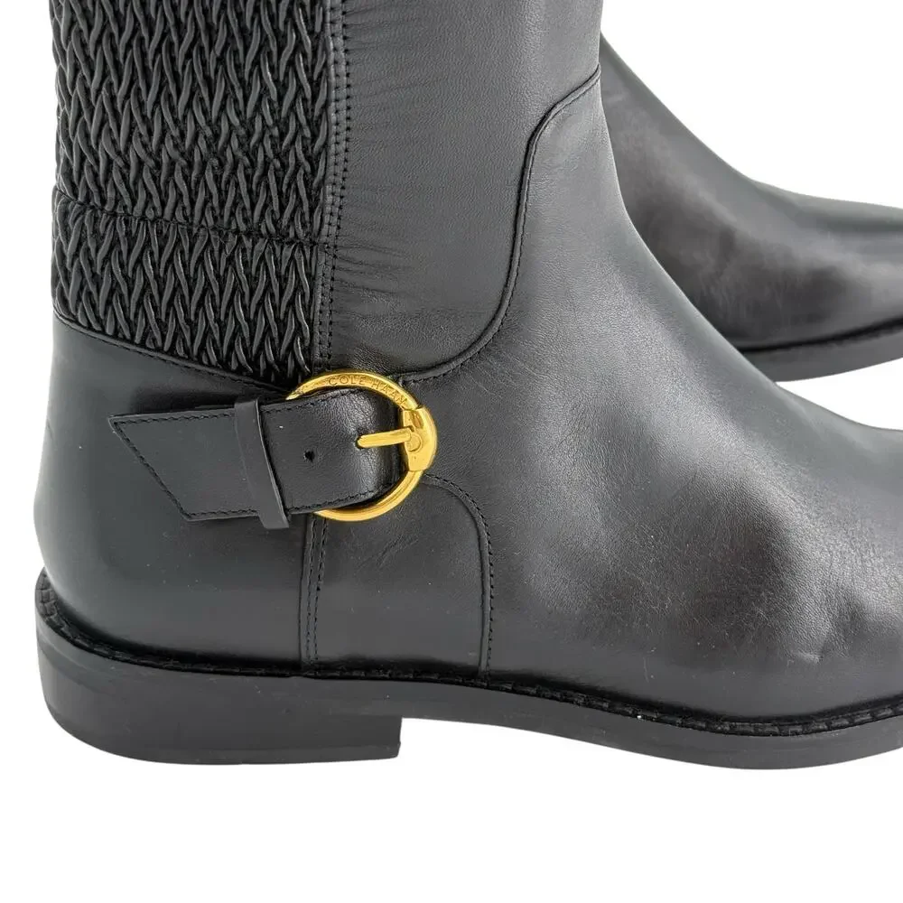 Cole Haan Black Leather Gold Buckle Clover Knee High Boots Womens 8